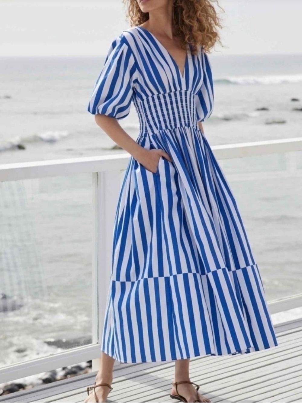 AYR Blue and White Striped Puff-Sleeve Maxi Dress
